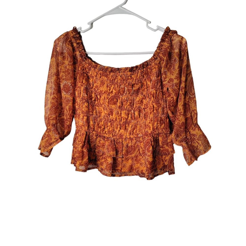 Patrons of Peace Medium Womens Top Boho Paisley Smocked Off Shoulder Blouse NWT